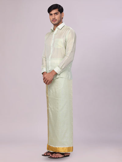 Men's Art Silk Jacquard Pista Full Sleeves Shirt with 2 1/2" Gold Jari Border & Towel Dhoti Combo Spruce