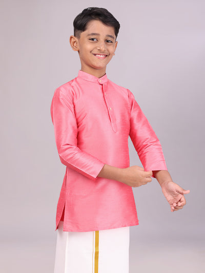 Boys Dupion Satin Pink Colour Full Sleeves Kurta side pose