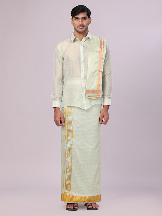 Men's Art Silk Jacquard Pista Full Sleeves Shirt with 2 1/2" Gold Jari Border & Towel Dhoti Combo Spruce
