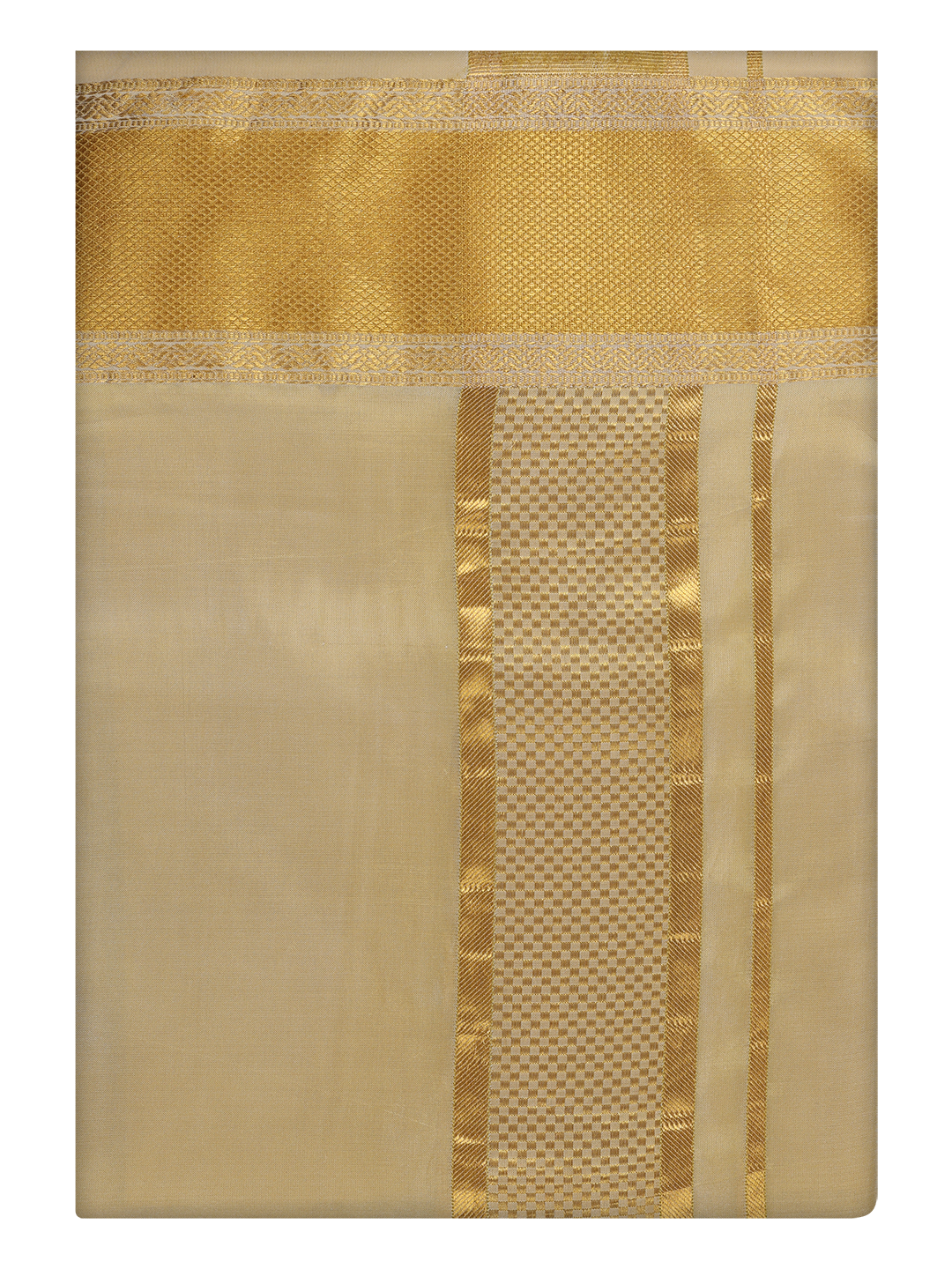 Mens Art Silk Mango Gold Color Dhoti with 3 1/2" Gold Jari Border by Minister White