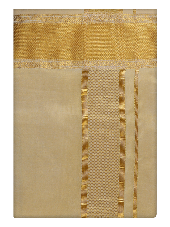 Mens Art Silk Mango Gold Color Dhoti with 3 1/2" Gold Jari Border by Minister White