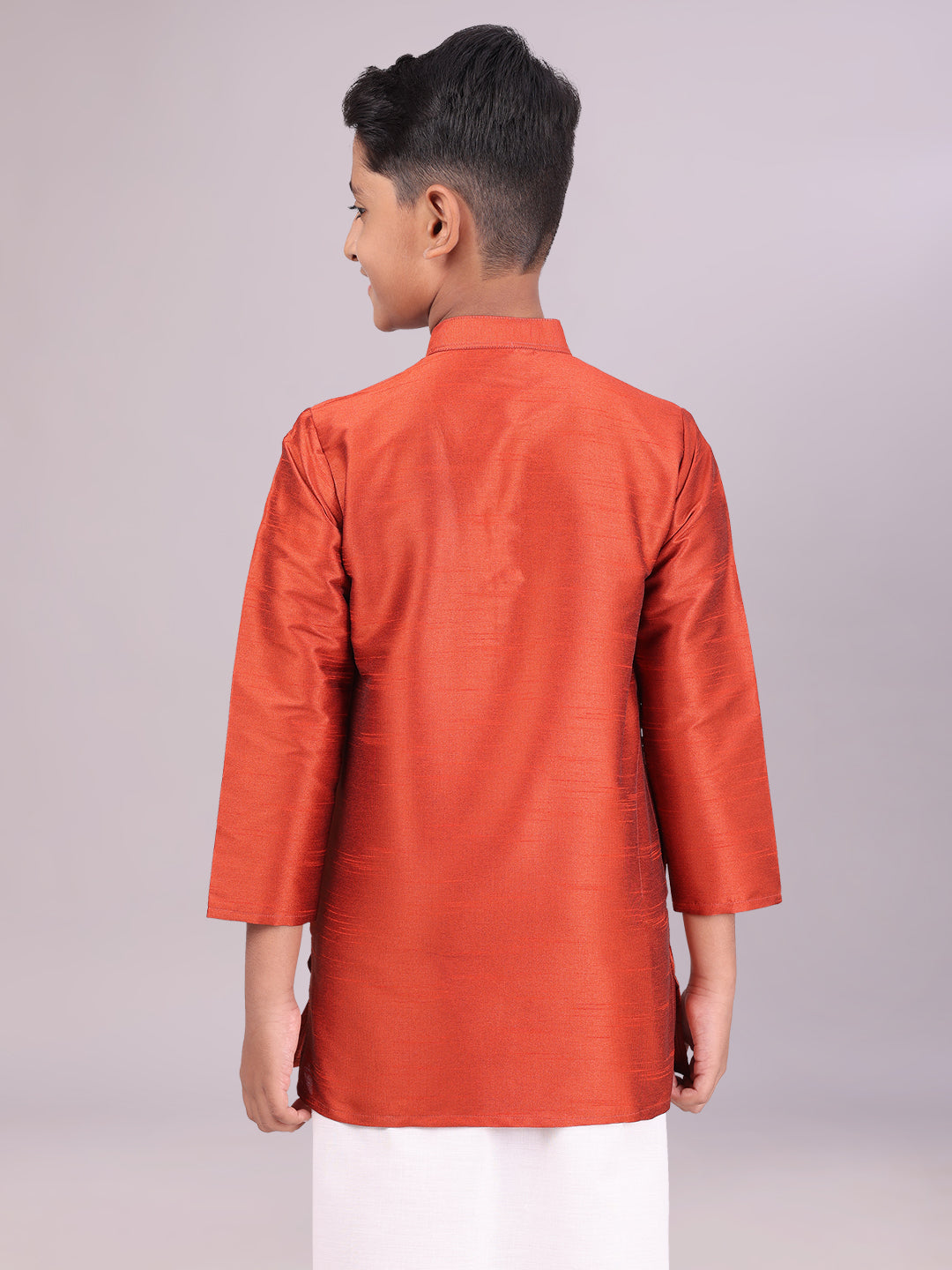 Boys Dupion Satin Brown Colour Full Sleeves Kurta pose