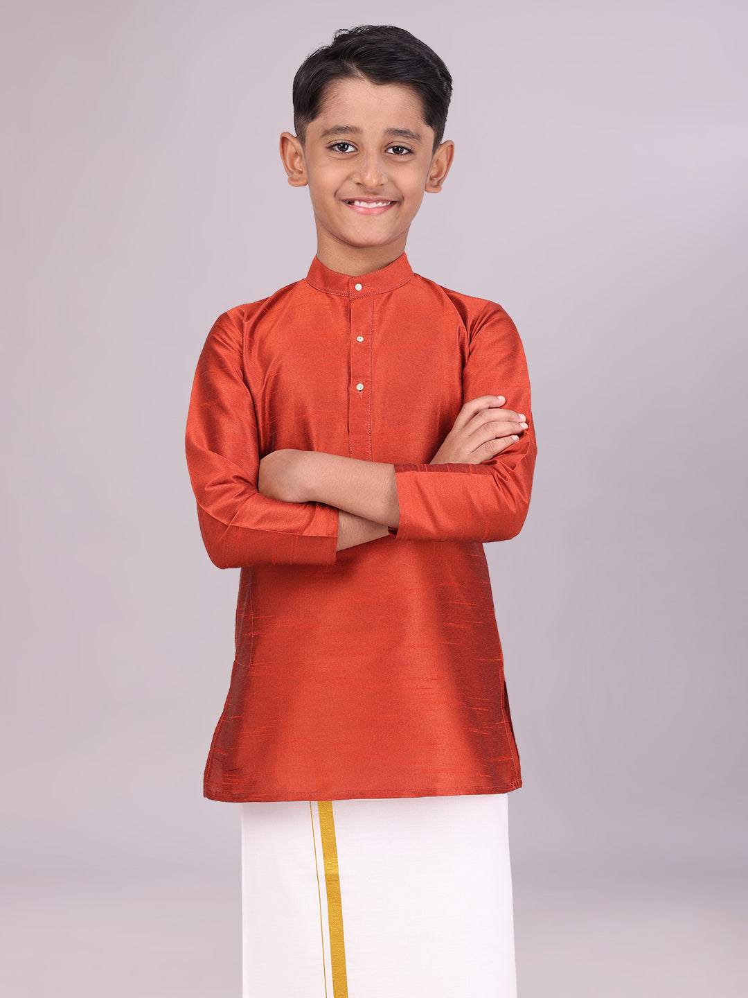 Boys Dupion Satin Brown Colour Full Sleeves Kurta