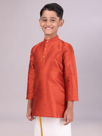 Boys Dupion Satin Brown Colour Full Sleeves Kurta side pose