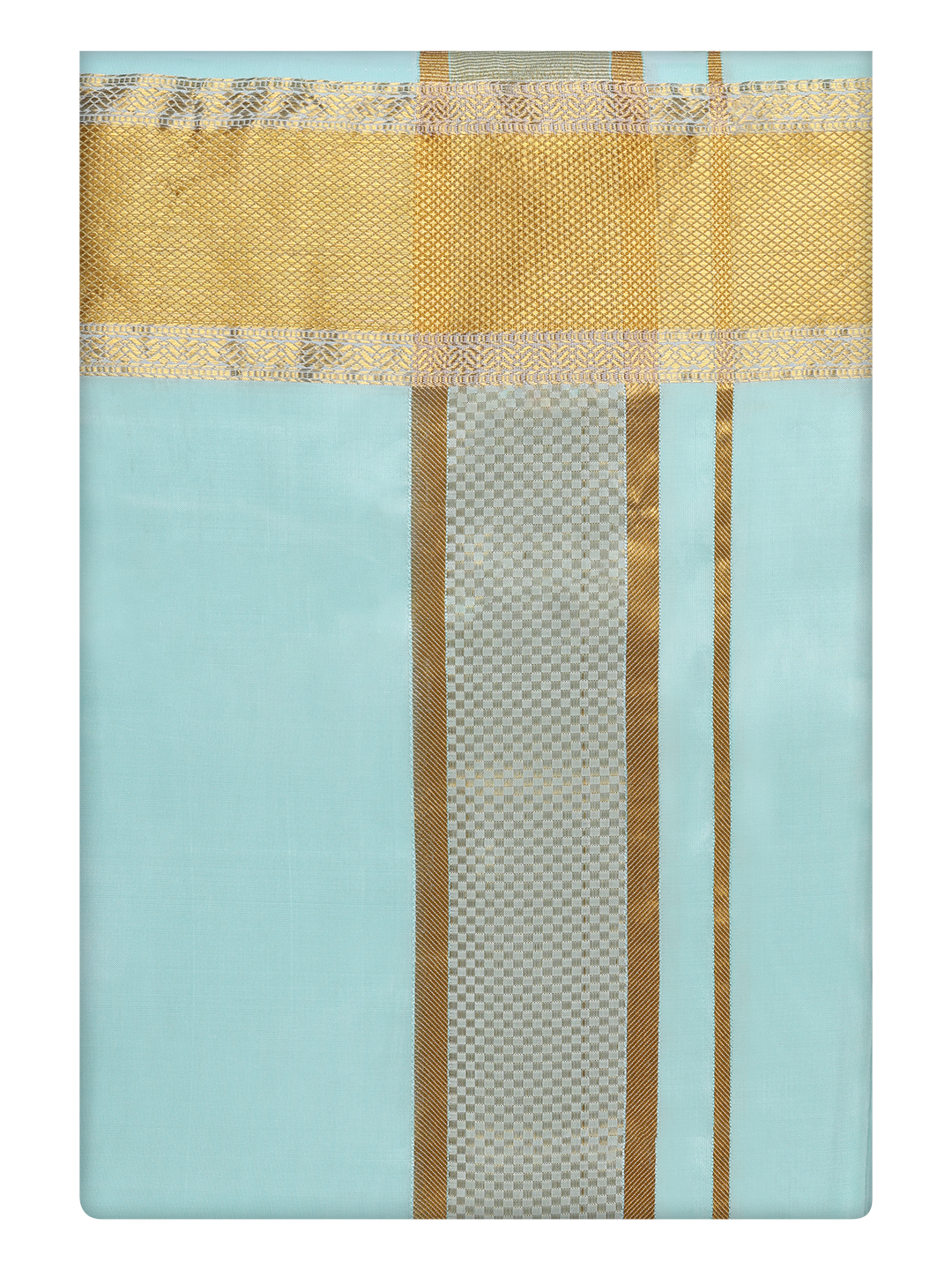 Mens Art Silk Mint Gold Color Dhoti with 3 1/2" Gold Jari Border by Minister White