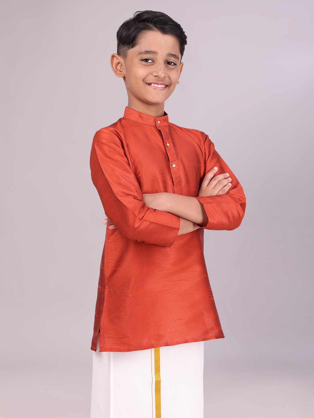 Boys Dupion Satin Brown Colour Full Sleeves Kurta side pose