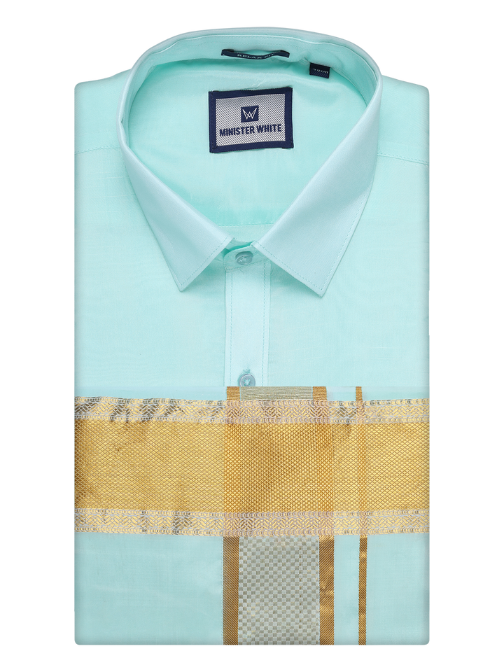 Mens Art Silk Mint Gold Full Sleeves Shirt with 3 1/2" Gold Jari Border Dhoti Combo Haldi by Minister White