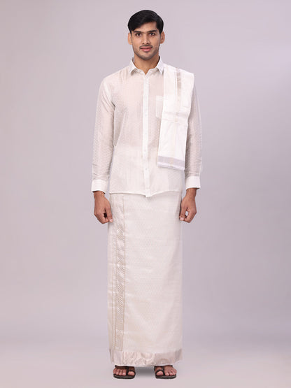 Men's Art Silk Half White Jacquard Full Sleeves Shirt with 2 1/2" Silver Jari Border & Towel Dhoti Combo Spruce