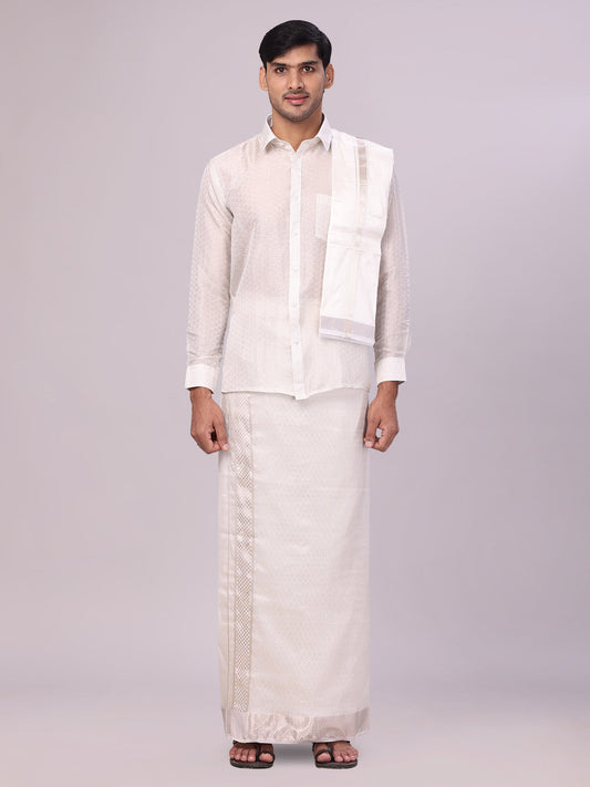 Men's Art Silk Half White Jacquard Full Sleeves Shirt with 2 1/2" Silver Jari Border & Towel Dhoti Combo Spruce