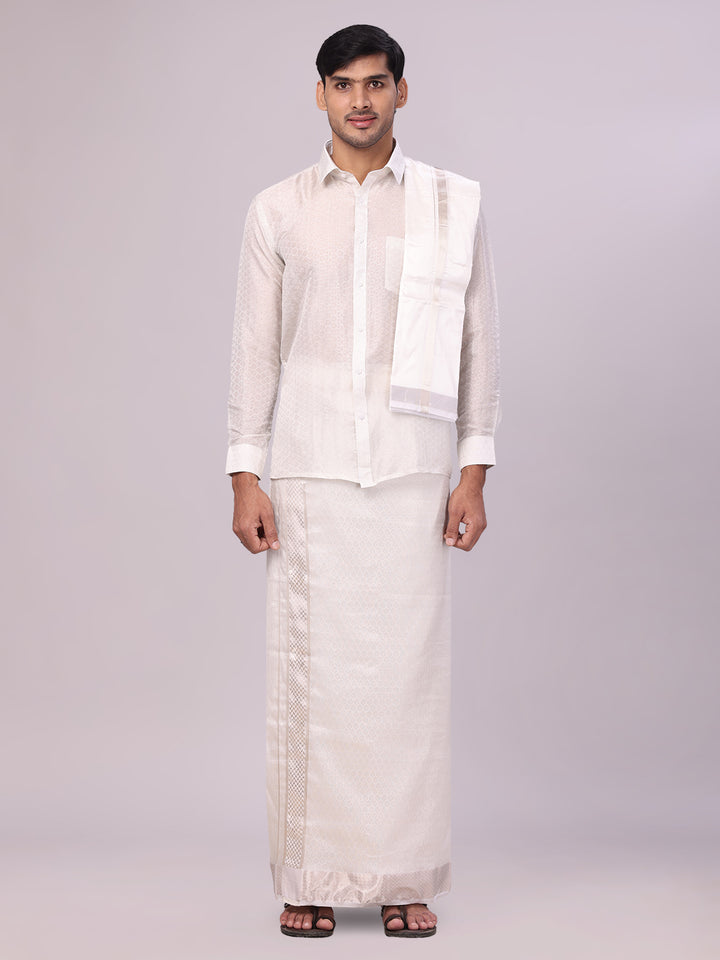 Men's Art Silk Half White Jacquard Full Sleeves Shirt with 2 1/2" Silver Jari Border & Towel Dhoti Combo Spruce
