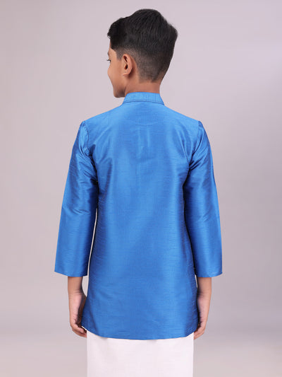 Boys Dupion Satin Blue Color Full Sleeves Kurta back pose