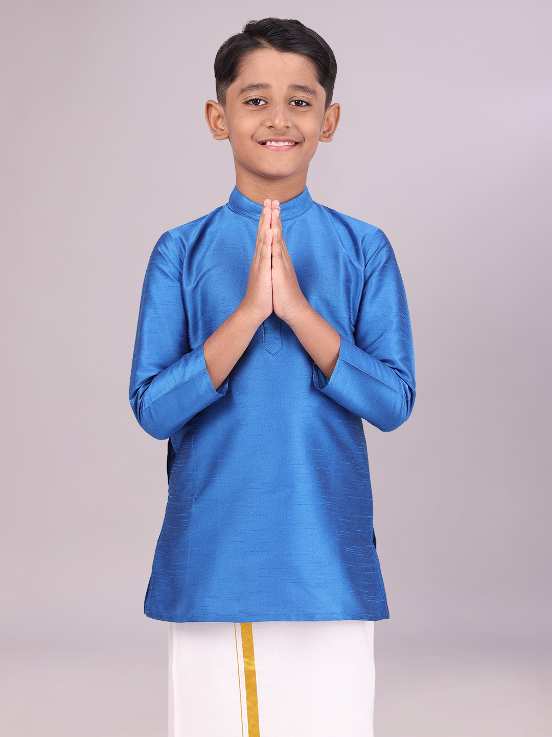 Boys Dupion Satin Blue Color Full Sleeves Kurta