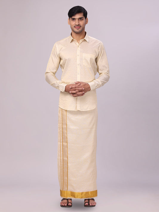 Men's Art Silk Cream Jacquard Full Sleeves Shirt with 2 1/2" Gold Jari Border Dhoti Combo Spruce