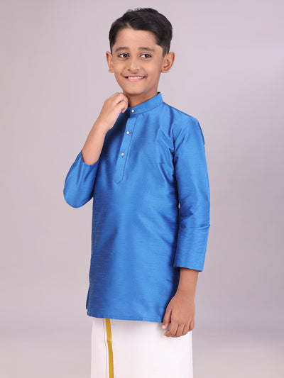 Boys Dupion Satin Blue Color Full Sleeves Kurta side pose