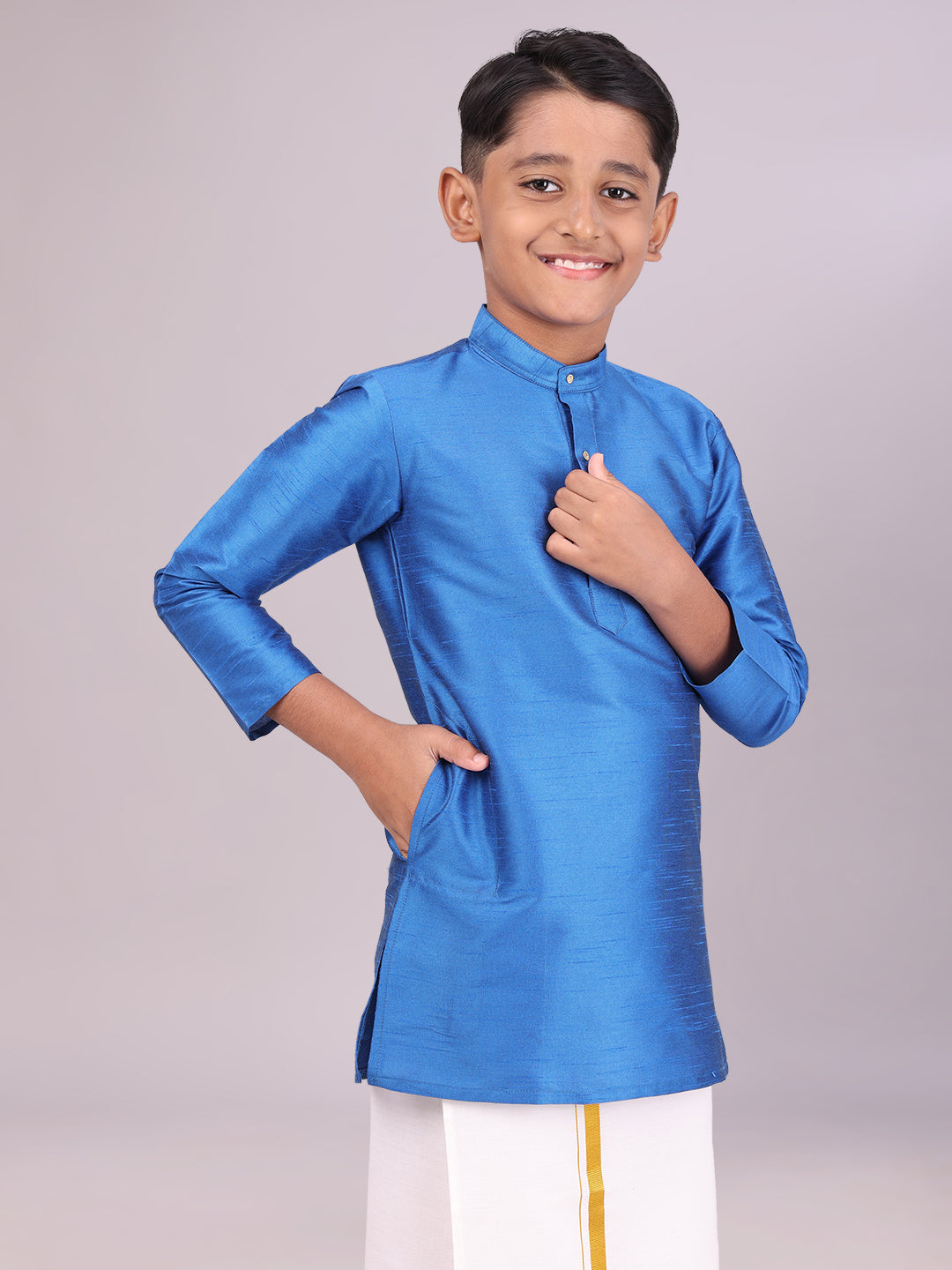 Boys Dupion Satin Blue Color Full Sleeves Kurta side pose