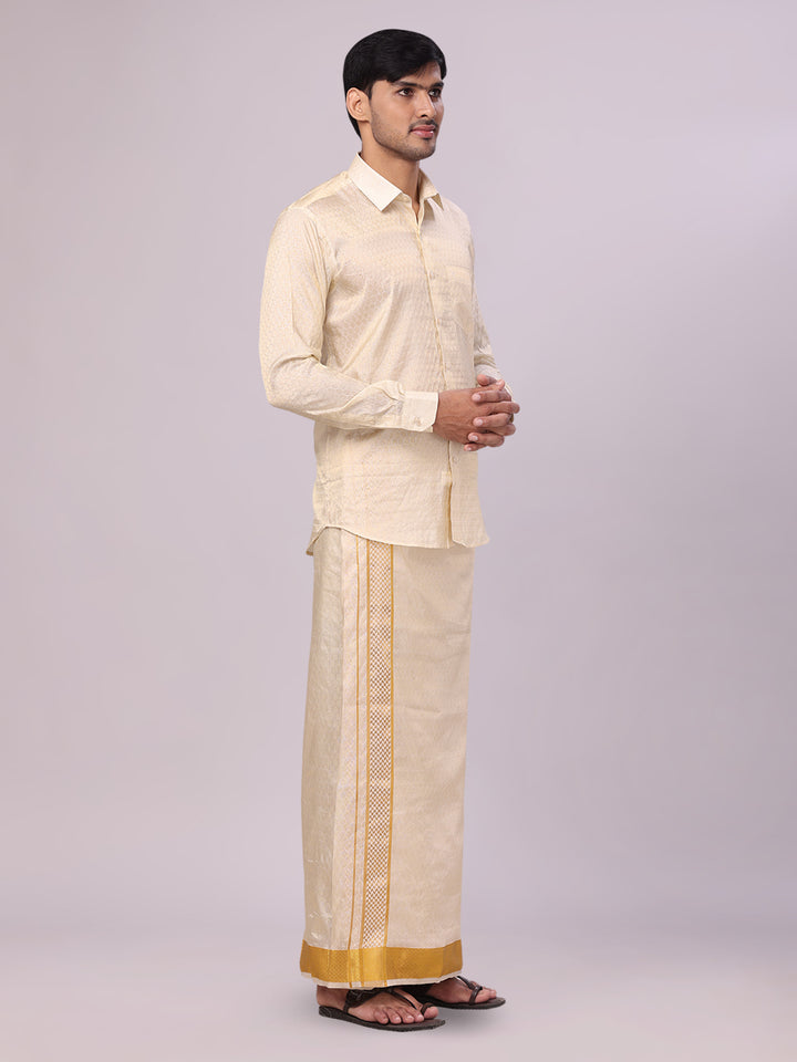 Men's Art Silk Cream Jacquard Full Sleeves Shirt with 2 1/2" Gold Jari Border Dhoti Combo Spruce