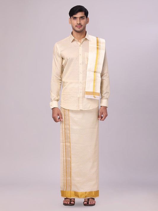 Men's Art Silk Jacquard Cream Jacquard Full Sleeves Shirt with 2 1/2" Gold Jari Border & Towel Dhoti Combo Spruce