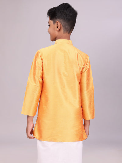 Boys Dupion Satin Orange Colour Full Sleeves Kurta back pose