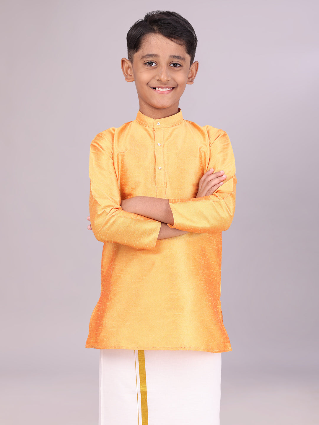 Boys Dupion Satin Orange Colour Full Sleeves Kurta