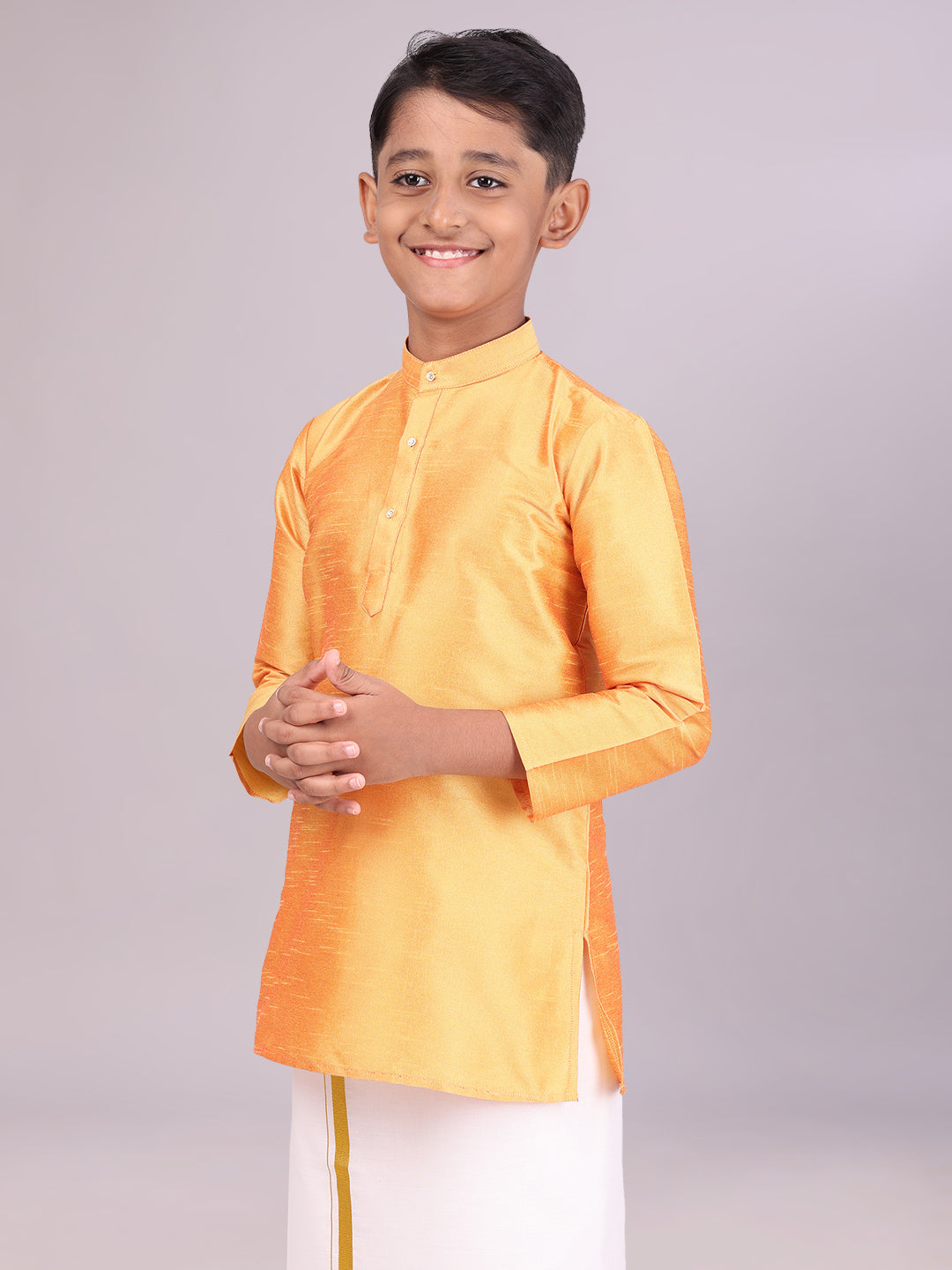 Boys Dupion Satin Orange Colour Full Sleeves Kurta side pose