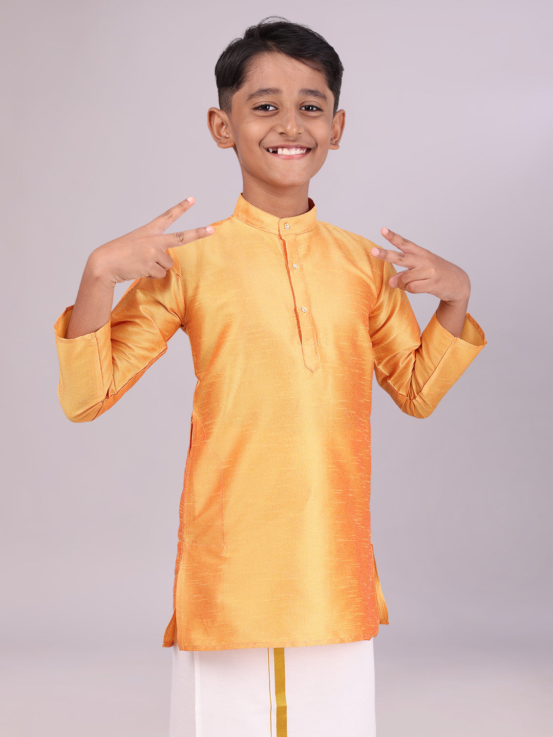 Boys Dupion Satin Orange Colour Full Sleeves Kurta front pose