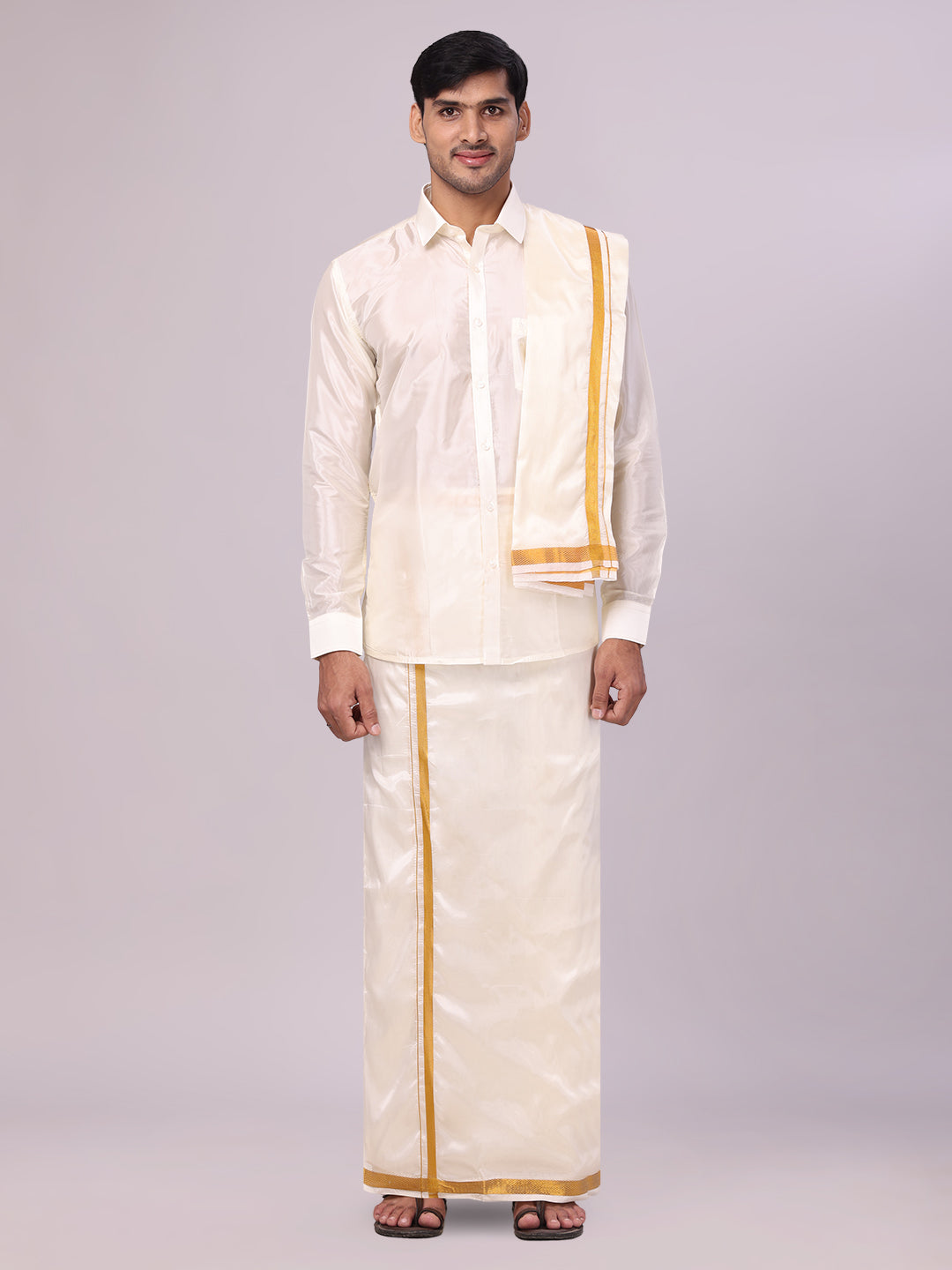 Men's Art Silk Cream Wedding Shirt with Flexi Dhoti and Nerial - Blessing Cream