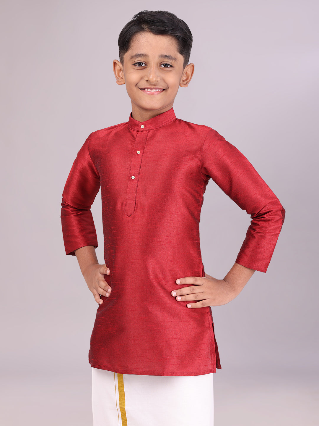 Boys Dupion Satin Dark Brown Colour Full Sleeves Kurta side pose