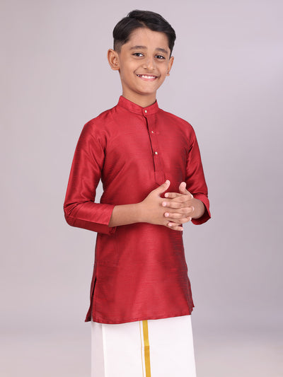 Boys Dupion Satin Dark Brown Colour Full Sleeves Kurta side pose