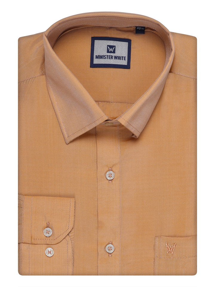 Mens Art Silk Dark Gold Color Full Sleeves Shirt by Minister White