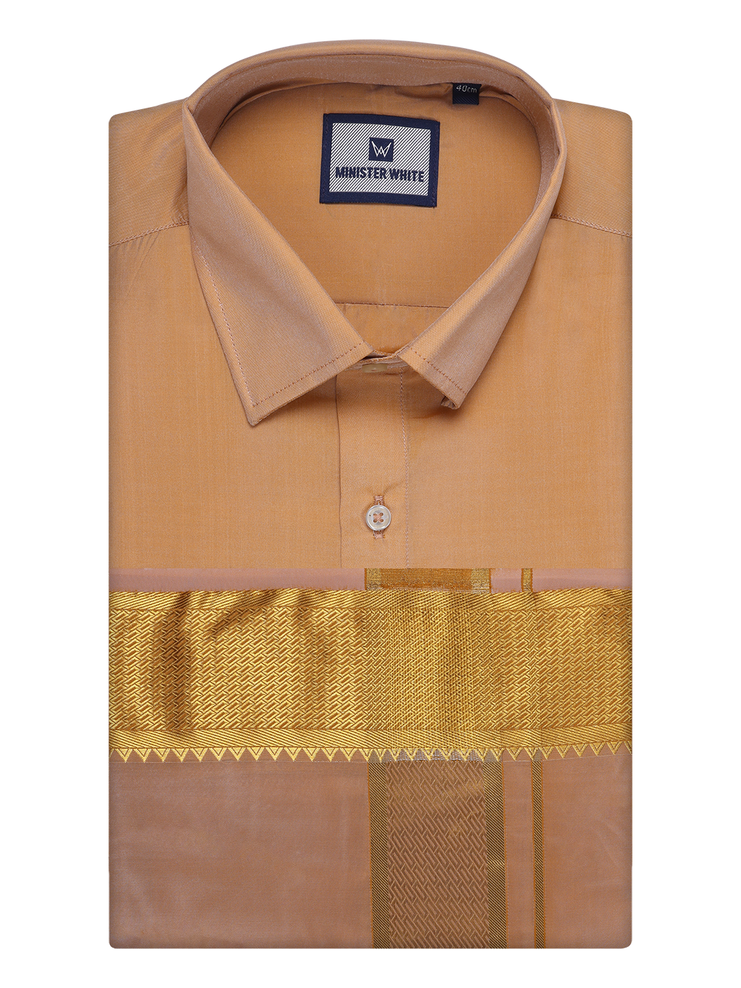 Mens Art Silk Dark Gold Full Sleeves Shirt with 3" Gold Jari Border Dhoti Combo Haldi by Minister White