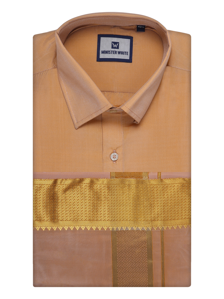 Mens Art Silk Dark Gold Full Sleeves Shirt with 3" Gold Jari Border Dhoti Combo Haldi by Minister White