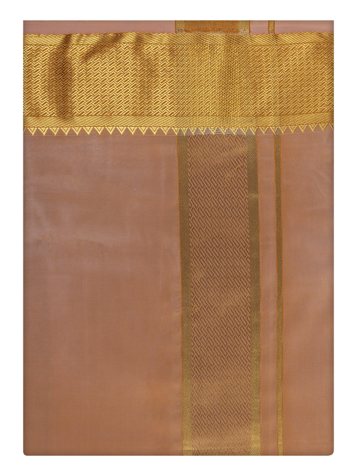 Mens Art Silk Dark Gold Color Dhoti with 3" Jari Border by Minister White