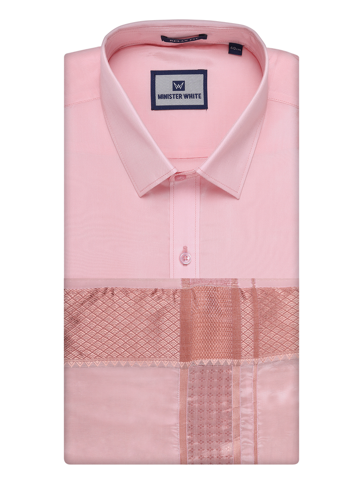 Mens Art Silk Pink Full Sleeves Shirt with 3" Lt.Copper Jari Border Dhoti Combo Haldi by Minister White