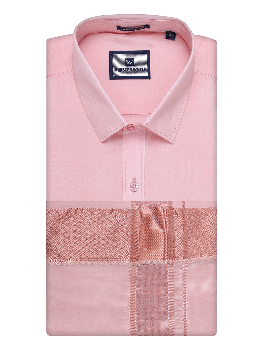 Mens Art Silk Pink Full Sleeves Shirt with 3" Lt.Copper Jari Border Dhoti Combo Haldi by Minister White