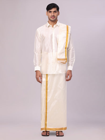 Men's Art Silk Wedding Cream Shirt, Dhoti, Nerial with Belt Combo - Boopalan Cream