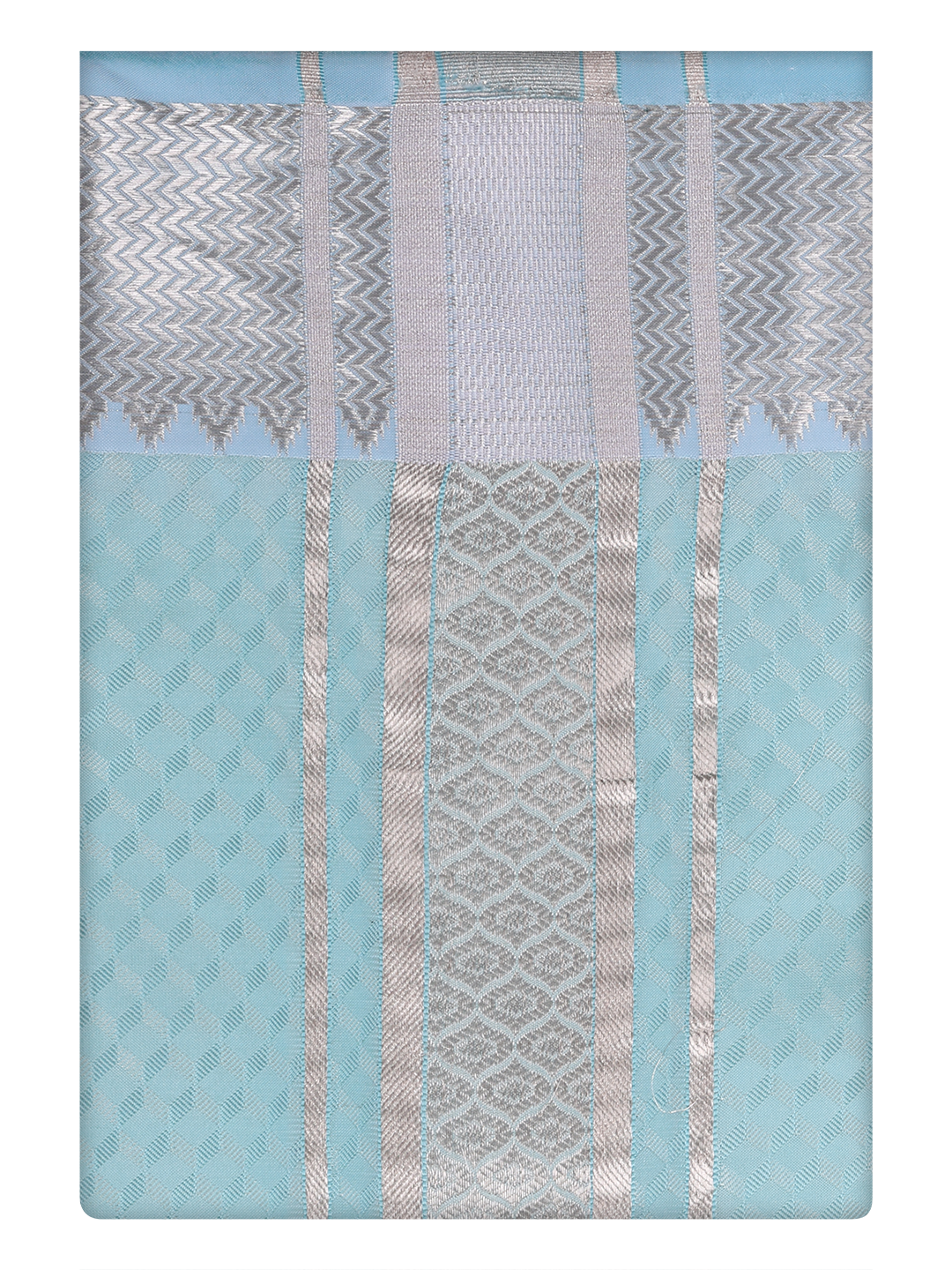 Mens Art Silk Sea Green Dhoti with 2 1/2" Silver Jari Border by Minister White