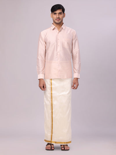 Men's Dupion Satin Light Peach Shirt with Flexi Gold Jari Cream Art Silk Dhoti Combo Elite