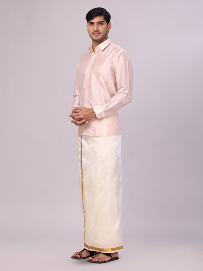 Men's Dupion Satin Light Peach Shirt with Flexi Gold Jari Cream Art Silk Dhoti Combo Elite side pose