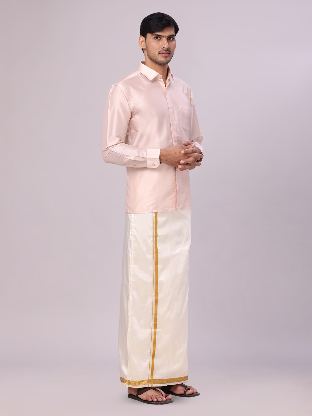 Men's Dupion Satin Light Peach Shirt with Flexi Gold Jari Cream Art Silk Dhoti Combo Elite side pose