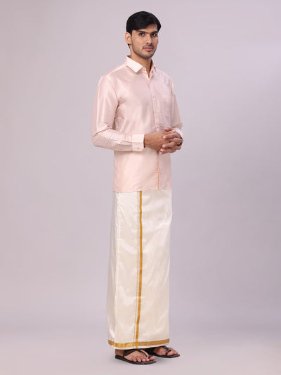 Men's Dupion Satin Light Peach Shirt with Flexi Gold Jari Cream Art Silk Dhoti Combo Elite side pose