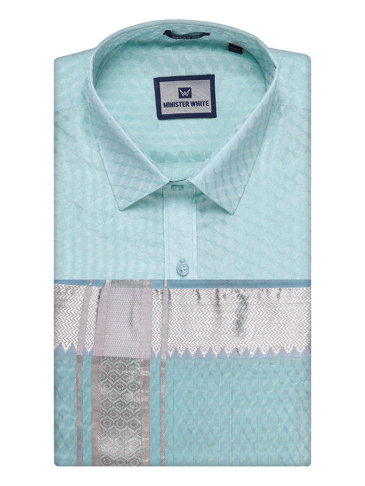 Mens Art Silk Sea Green Full Sleeves Shirt with 2 1/2" Silver Jari Border Dhoti Combo Neogen by Minister White