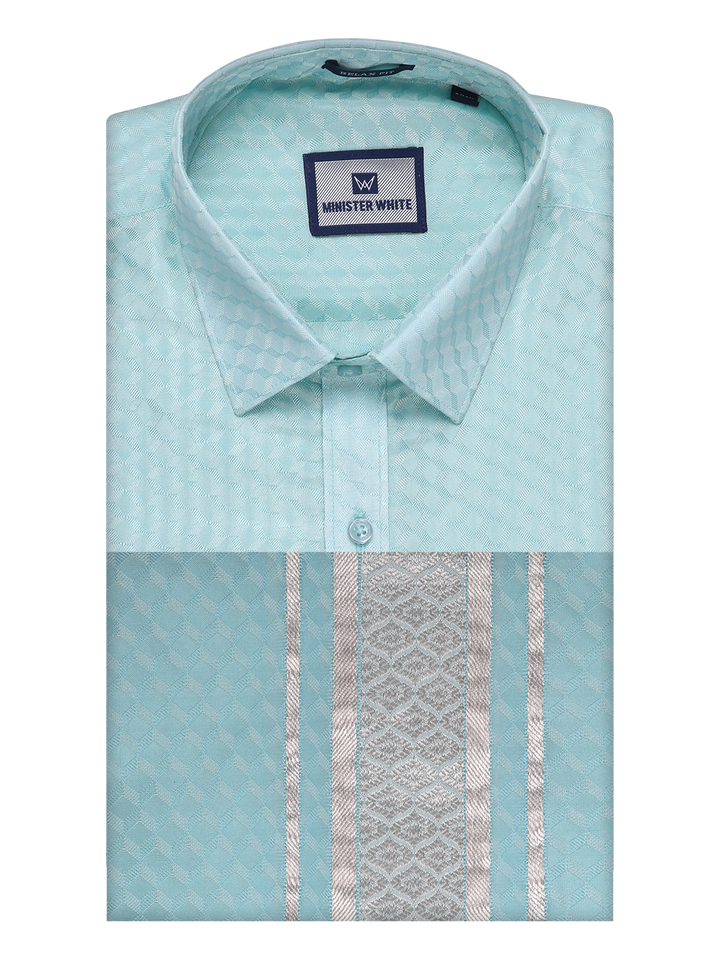 Mens Art Silk Sea Green Full Sleeves Shirt with 2 1/2" Silver Jari Border Dhoti Combo Neogen by Minister White