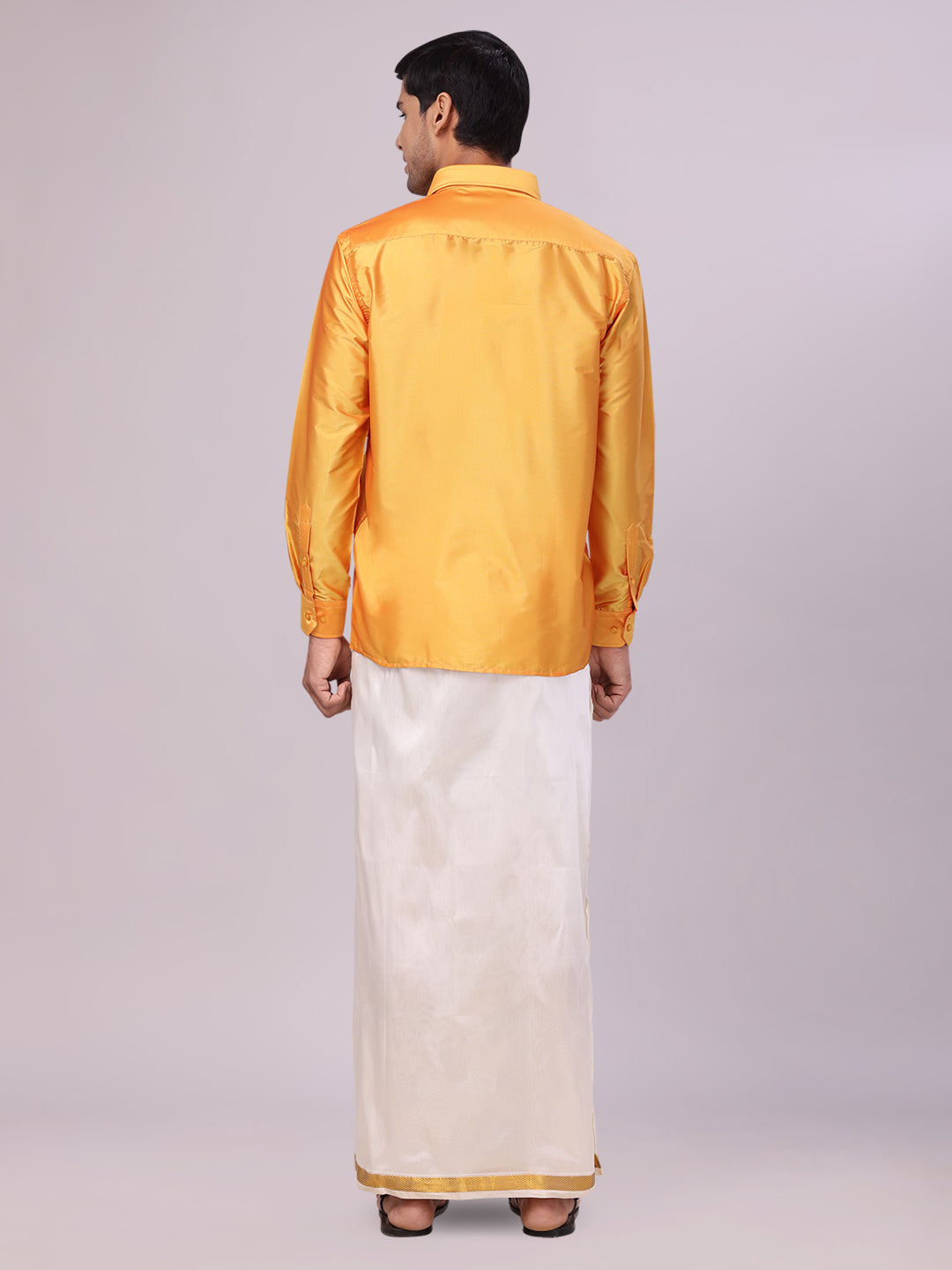 Men's Dupion Satin Golden Yellow Shirt with Flexi Gold Jari Cream Art Silk Dhoti Combo Elite back pose