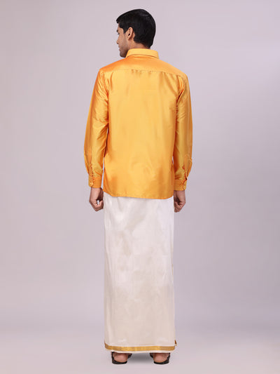 Men's Dupion Satin Golden Yellow Shirt with Flexi Gold Jari Cream Art Silk Dhoti Combo Elite back pose