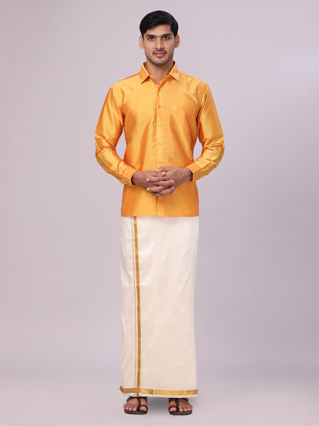 Men's Dupion Satin Golden Yellow Shirt with Flexi Gold Jari Cream Art Silk Dhoti Combo Elite