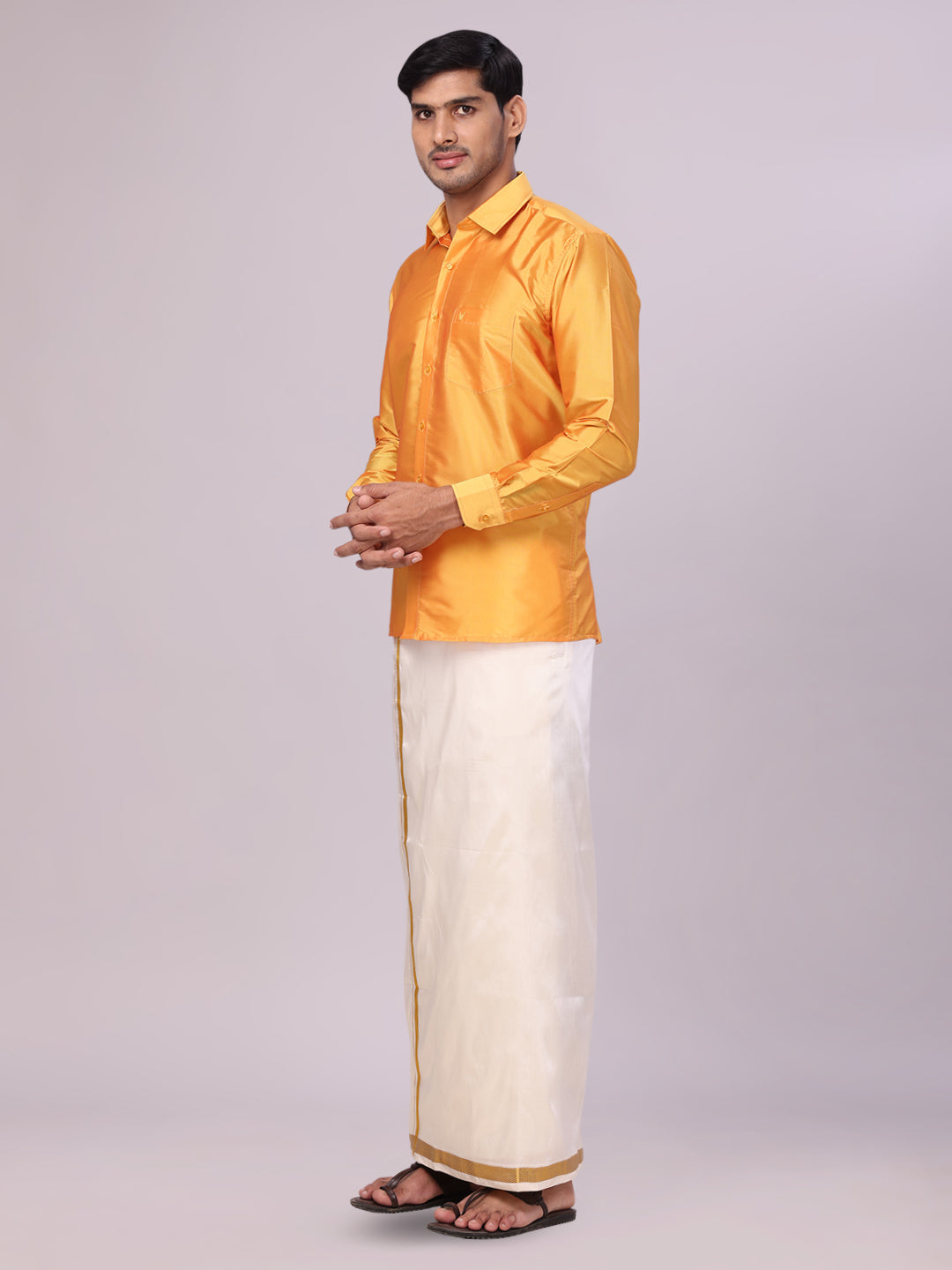 Men's Dupion Satin Golden Yellow Shirt with Flexi Gold Jari Cream Art Silk Dhoti Combo Elite side pose