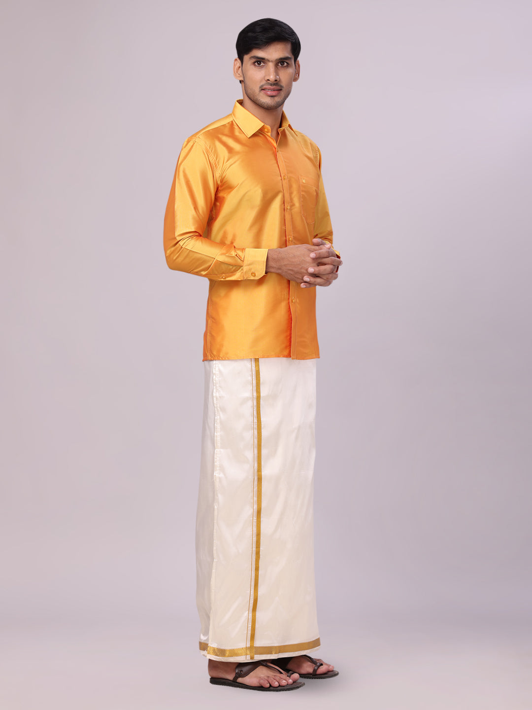 Men's Dupion Satin Golden Yellow Shirt with Flexi Gold Jari Cream Art Silk Dhoti Combo Elite side pose