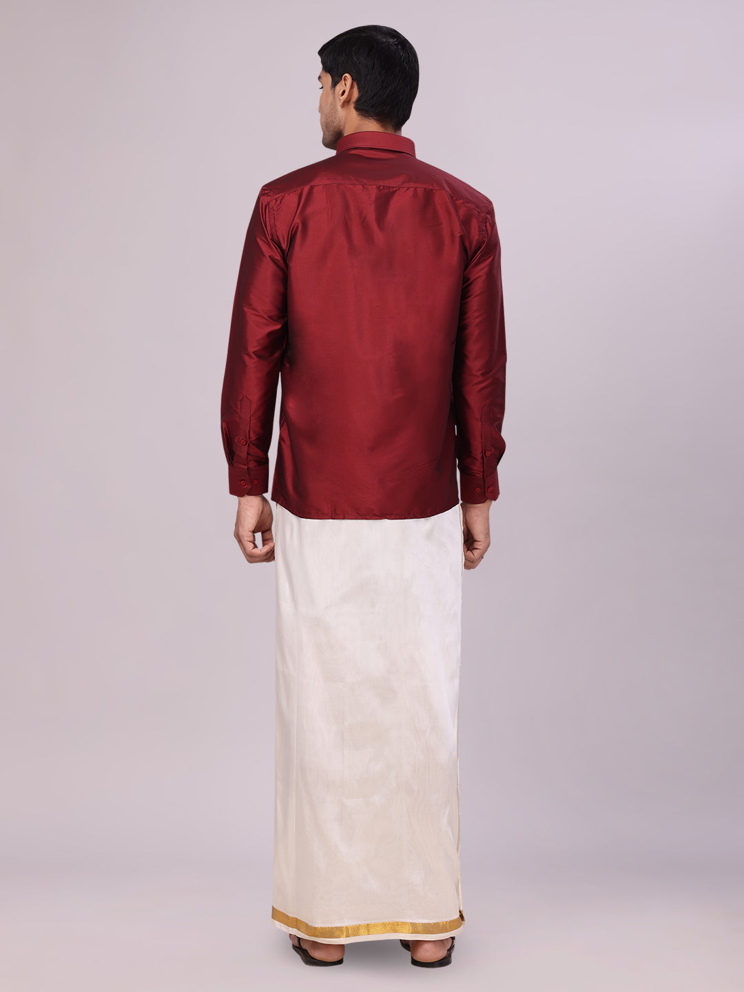 Men's Dupion Satin Maroon Shirt with Flexi Gold Jari Cream Art Silk Dhoti Combo Elite back pose