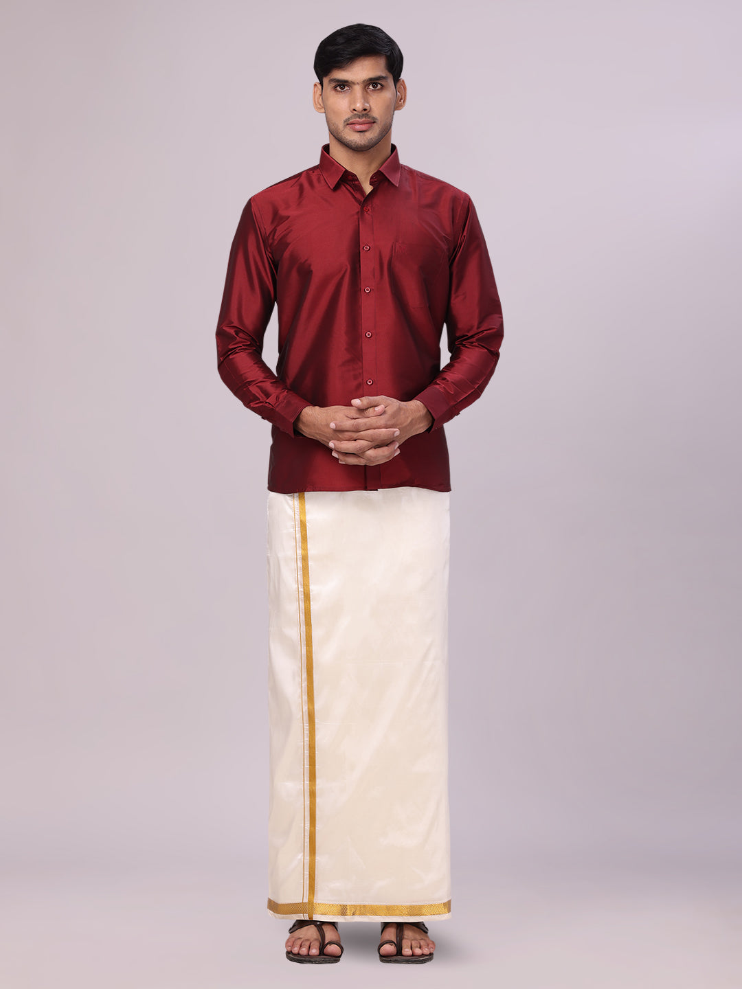 Men's Dupion Satin Maroon Shirt with Flexi Gold Jari Cream Art Silk Dhoti Combo Elite