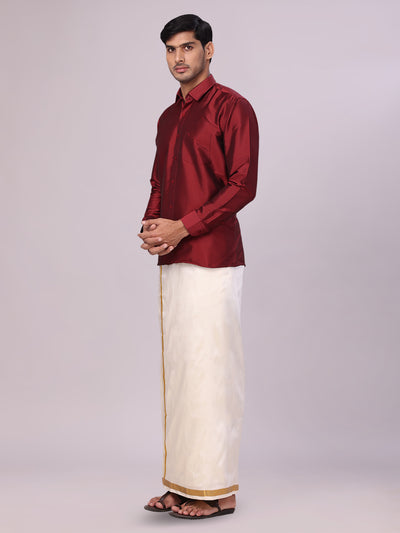 Men's Dupion Satin Maroon Shirt with Flexi Gold Jari Cream Art Silk Dhoti Combo Elite side pose